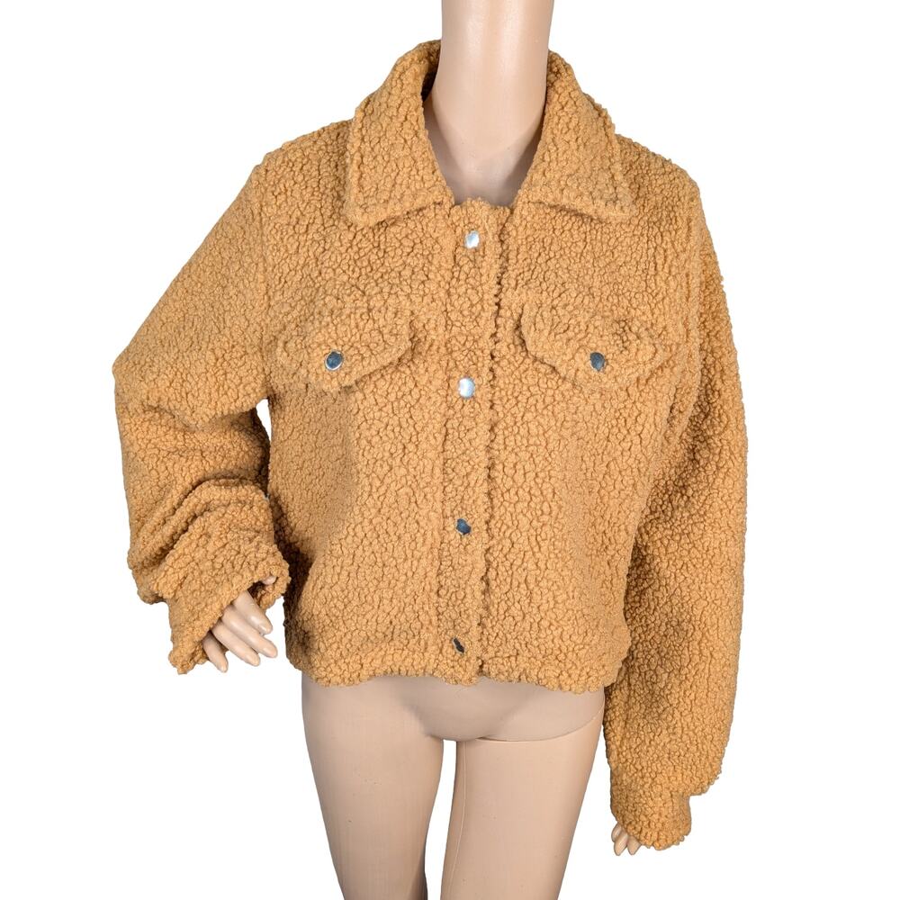 NWT Active USA Tan Brown Sherpa Teddy Fleece Snap Cropped Jacket Large L